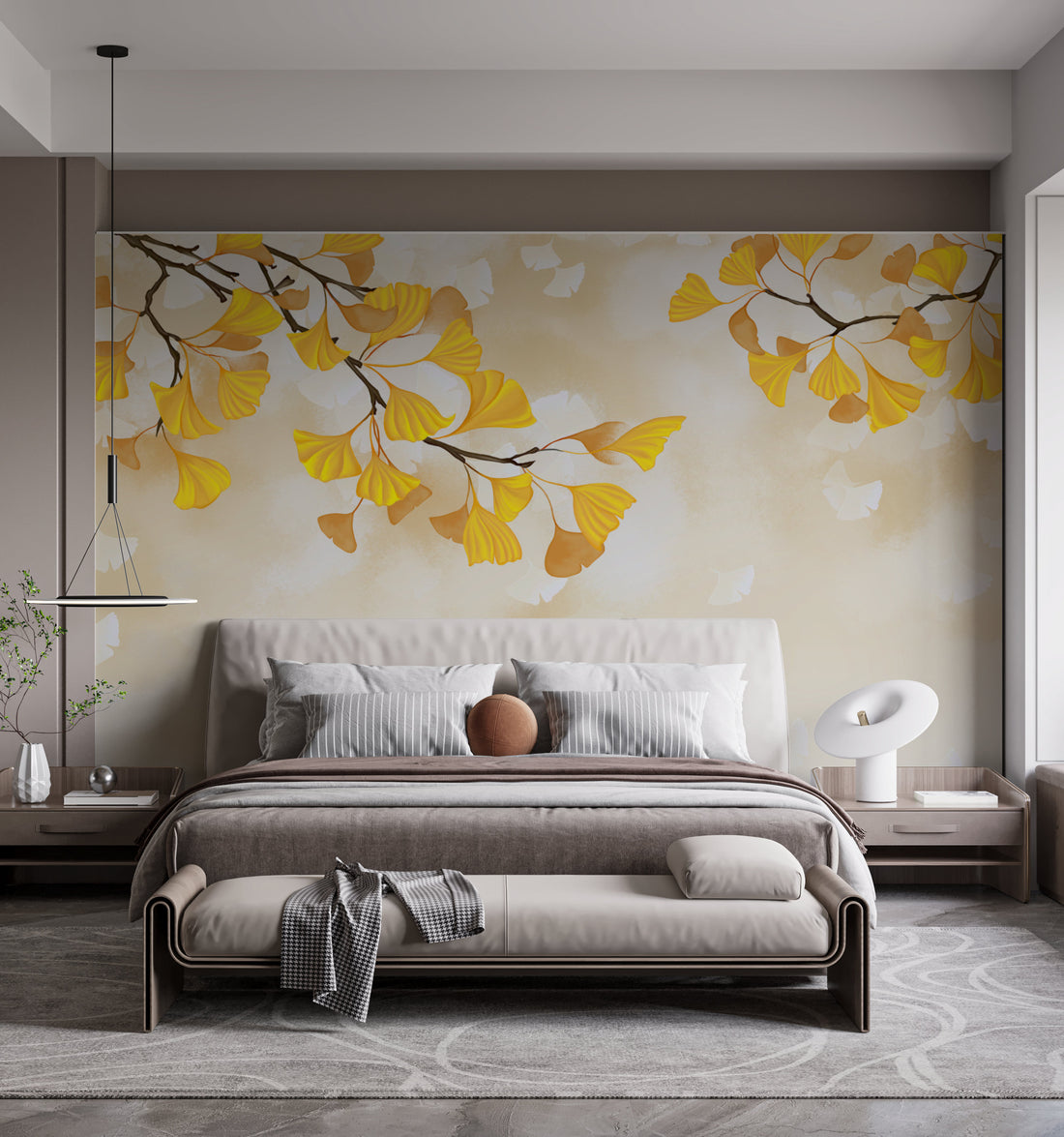 Golden Ginkgo Leaf Peel and Stick Wallpaper, Autumn-Inspired Wall Decor, Botanical Wall Art, Living Room Design Ideas, Modern Farmhouse Decor