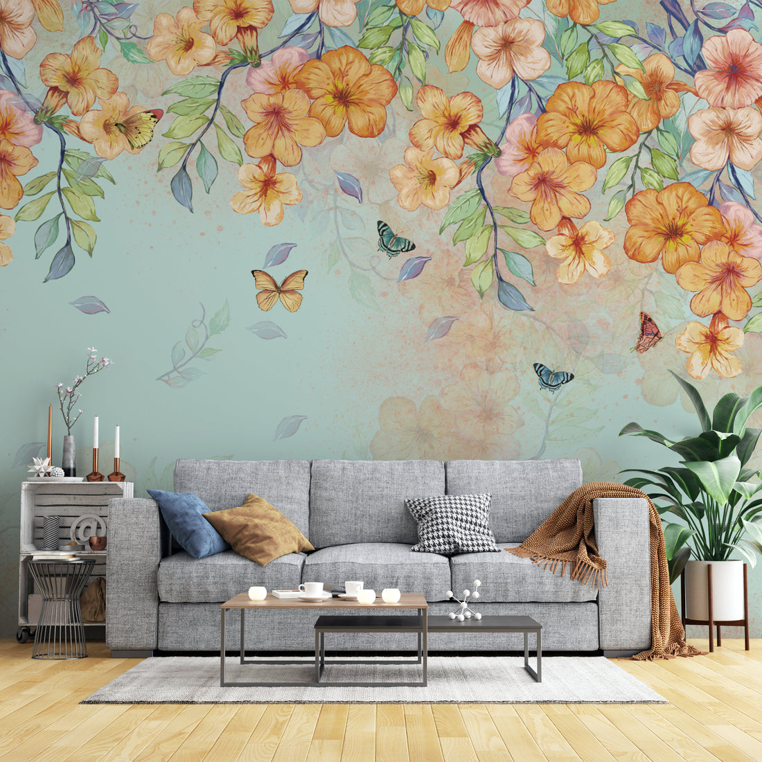 Floral Peel and Stick Wallpaper, Orange and Yellow Flower Wall Decor, Butterfly Wallpaper for Living Room, Self Adhesive Wallpaper, Nature-Inspired Wall Art, Elegant Home Decor