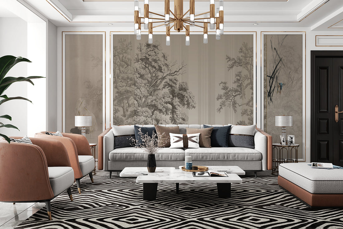 Black and White Theme Mural, Sketch Wallpaper, Franch Style Wallpaper, Tree Wall Mural, Luxury Mural,  Living Room Decor, Dark Wall Decal