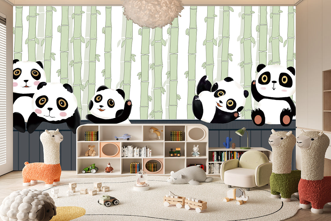 Panda Wallpaper, Cartoon Mural, Nursery Wall Decor, Kids Room Decor, Wallpaper For Kids, Removable Mural, Black And White