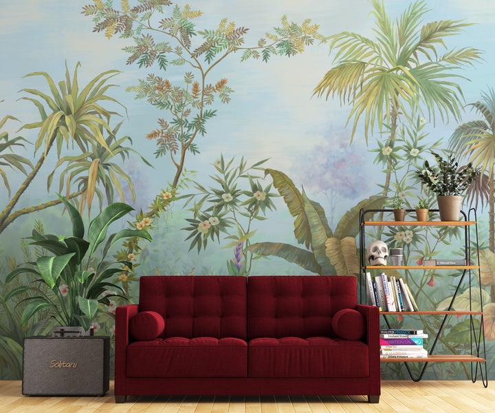 Tropical Rainforest Peel and Stick Wallpaper, Lush Green Botanical Wall Decor, Pastel Sky Jungle Wall Mural, Living Room Decor Ideas, Bedroom Wall Art, Self Adhesive Removable Wallpaper