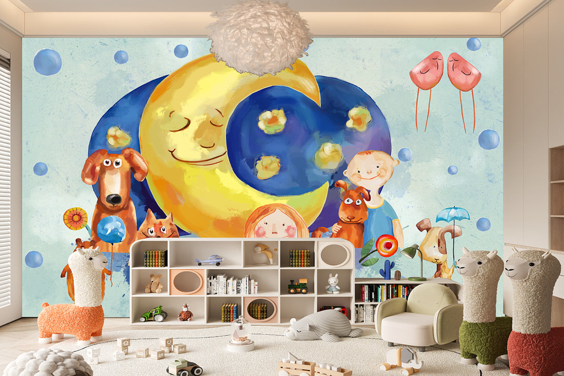Watercolor Mural, Nursery Wall Decor, Cartoon Mural, Girls Wall Decals, Kids Wall Decal, Blue Wall Decal, Puppy Theme Mural