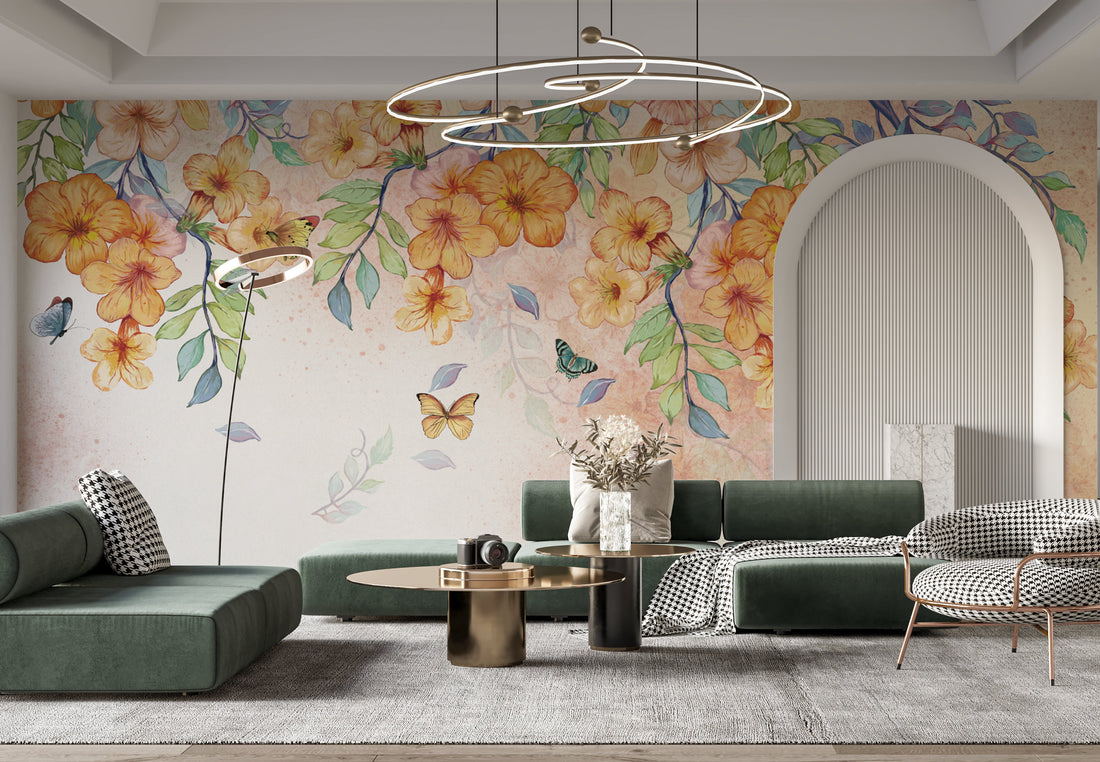 Floral Peel and Stick Wallpaper, Orange and Yellow Flower Wall Decor, Butterfly Wallpaper for Living Room, Self Adhesive Wallpaper, Nature-Inspired Wall Art, Elegant Home Decor