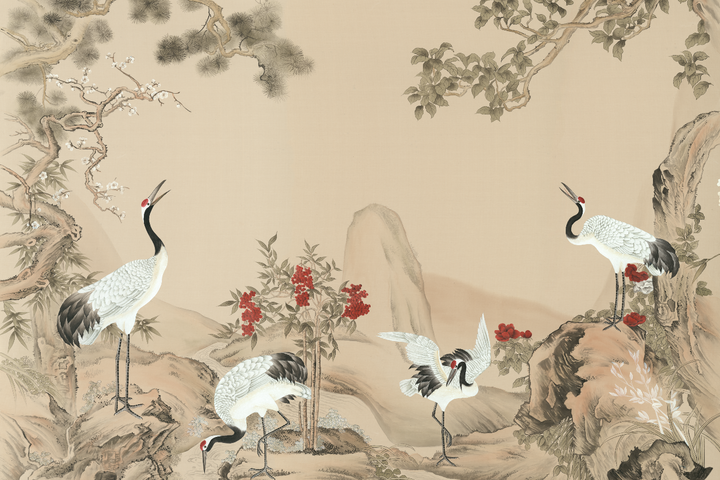 Vintage Chinoiserie Landscape Wallpaper, Oriental Decor, Bird Mural, Watercolor Floral, Fabric Wallpaper, Watercolor Mural, Pastel Mural
