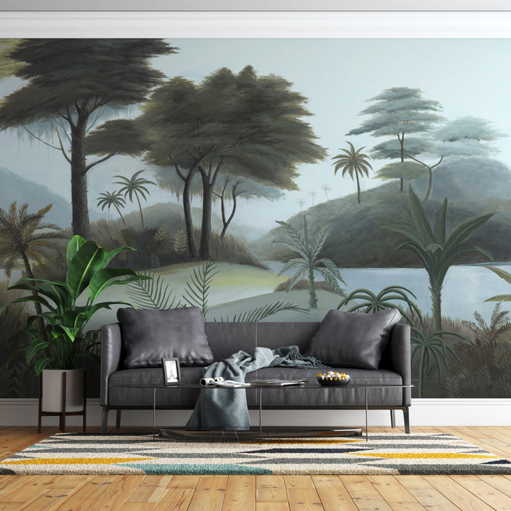 Ancient Tropical Rainforest Wallpaper, Nature-Inspired Peel and Stick Wallpaper, Relaxing Jungle Scenery, Tropical Palm Tree Wall Art, Serene Landscape Wall Decor, Living Room Wallpaper Ideas, Bedroom Wall Decor
