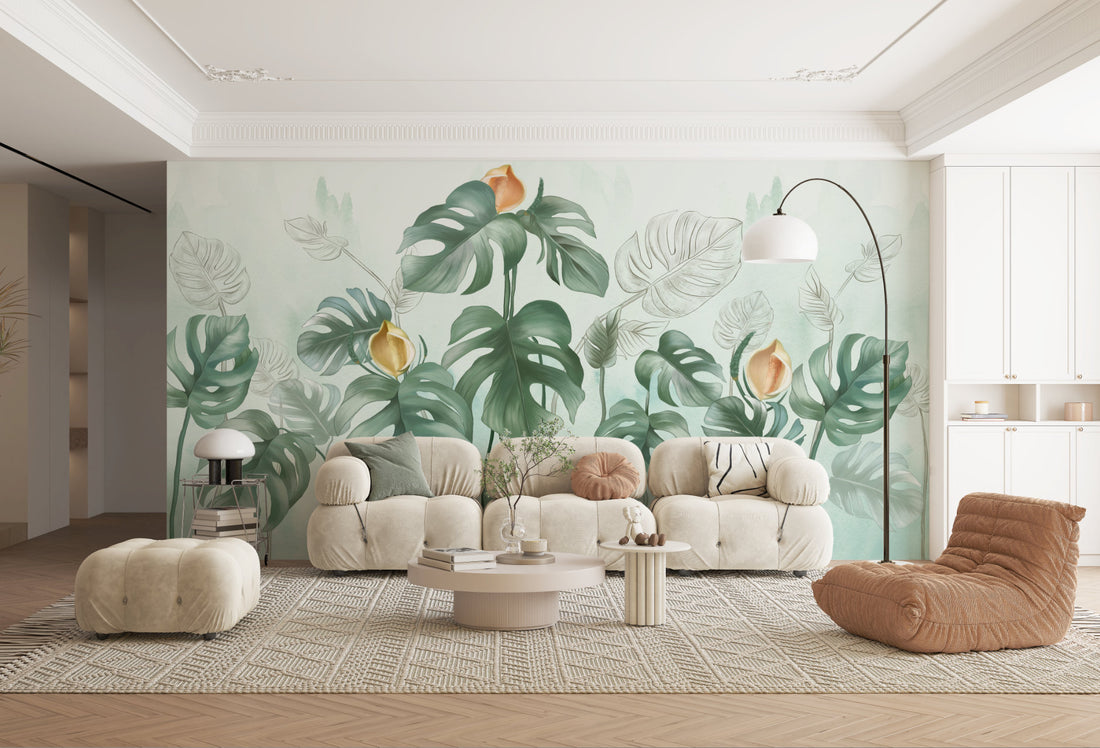 Botanical Peel and Stick Wallpaper, Tropical Leaf Wall Decor, Living Room Wallpaper Ideas, Self Adhesive Wallpaper, Modern Living Room Decor, Jungle Themed Wall Art, Relaxing Bedroom Wallpaper