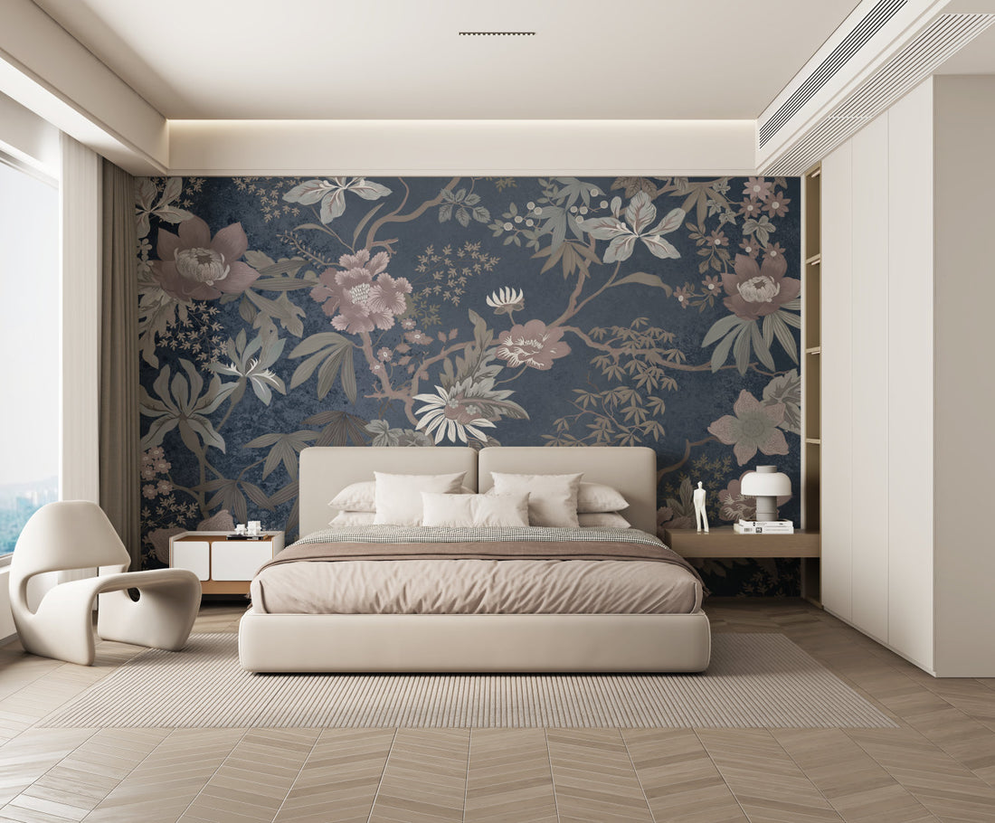 Floral Peel and Stick Wallpaper, Pink and Blue Botanical Wallpaper, Traditional Oriental Wall Art, Self Adhesive Wallpaper for Living Room, Bedroom Decor