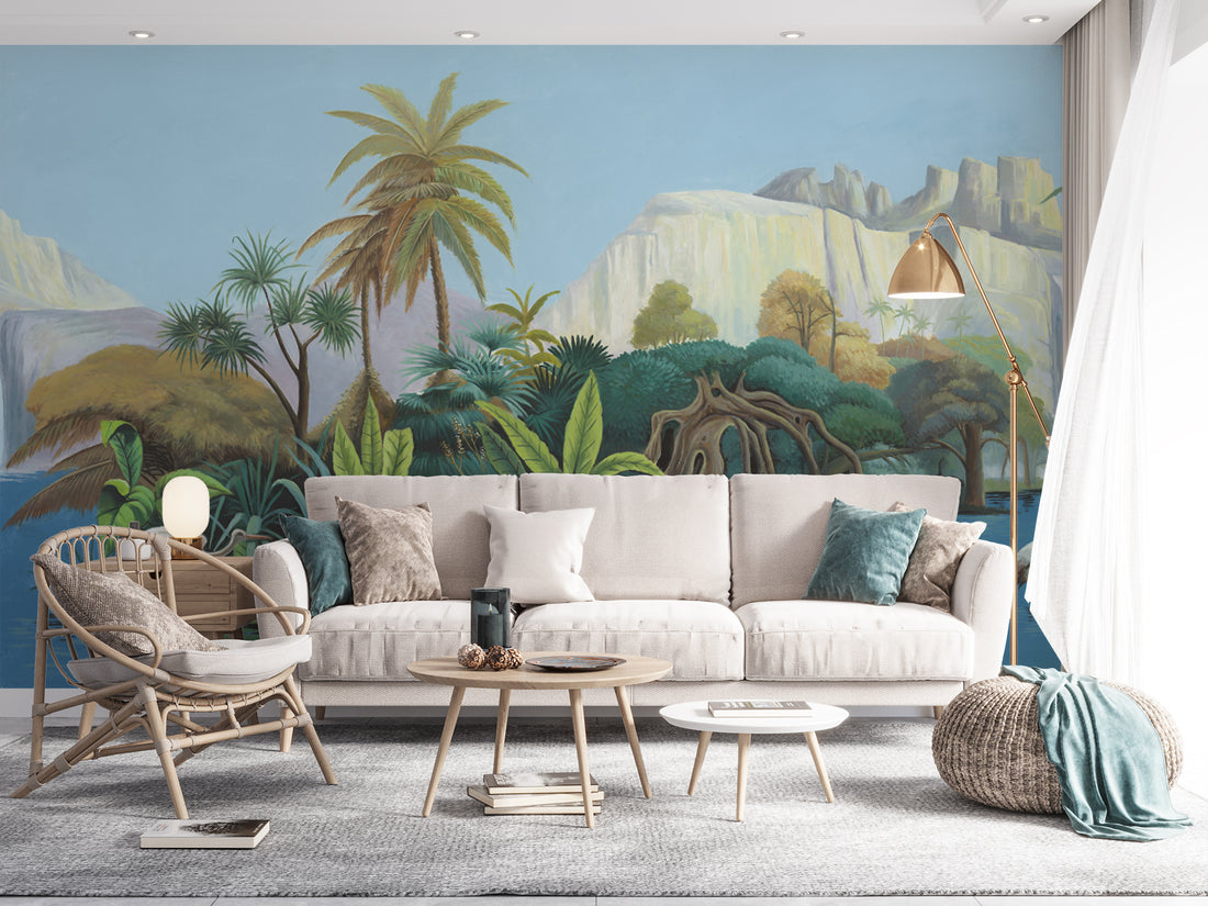 Tropical Landscape Wall Art, Waterfall Canvas Print, Palm Tree Wall Decor, Nature Wall Mural, Large Wall Art for Living Room, Modern Home Decor