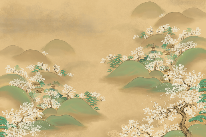 Vintage Chinoiserie Wallpaper, Landscape Peel And Stick Wallpaper, Mountain Wall Mural, Flower Mural, Botanical Wallpaper, Whimsical Mural