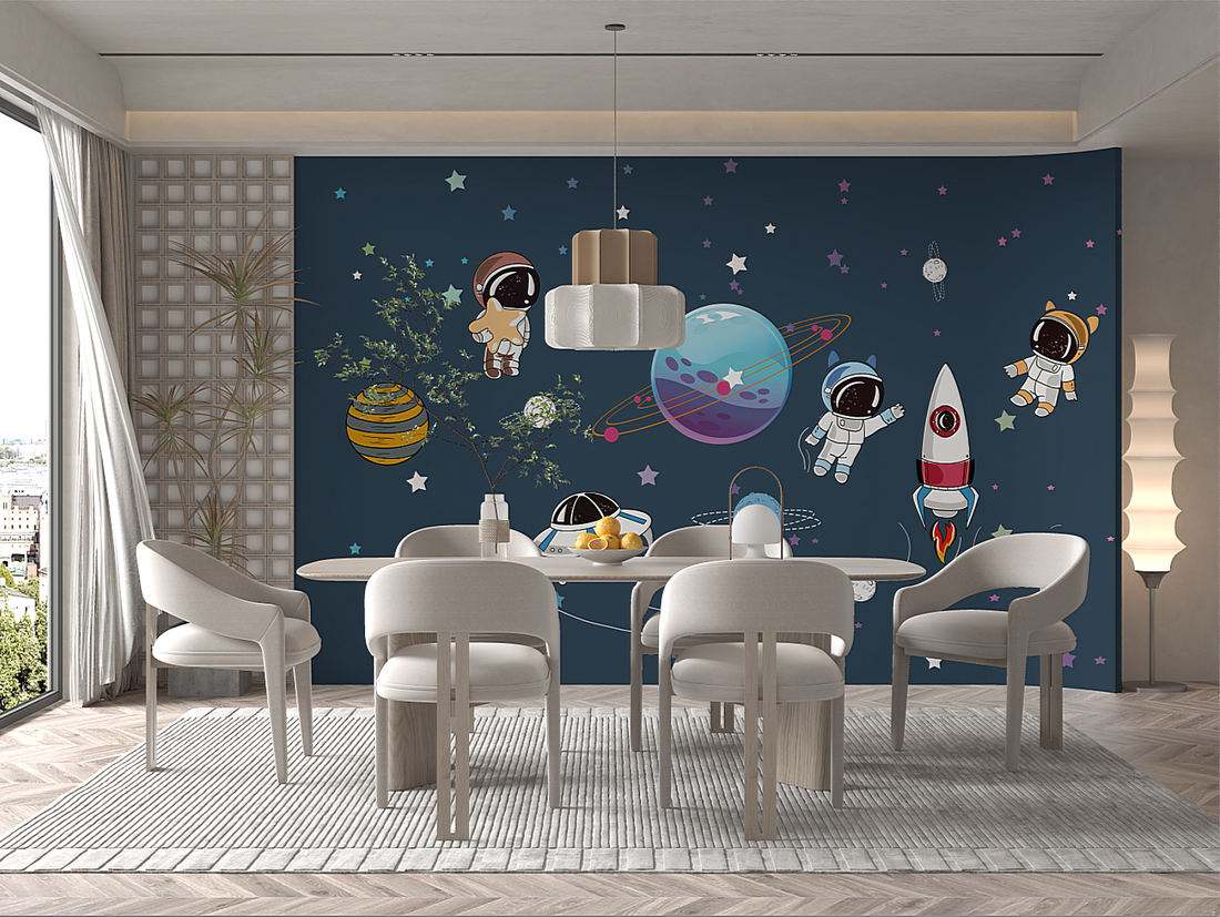 Kids Room Wallpaper, Fabric Mural, Ideal For Bedroom/Living Room, Chinoiserie Mural, Cartoon Space Adventure Removable Wall Mural