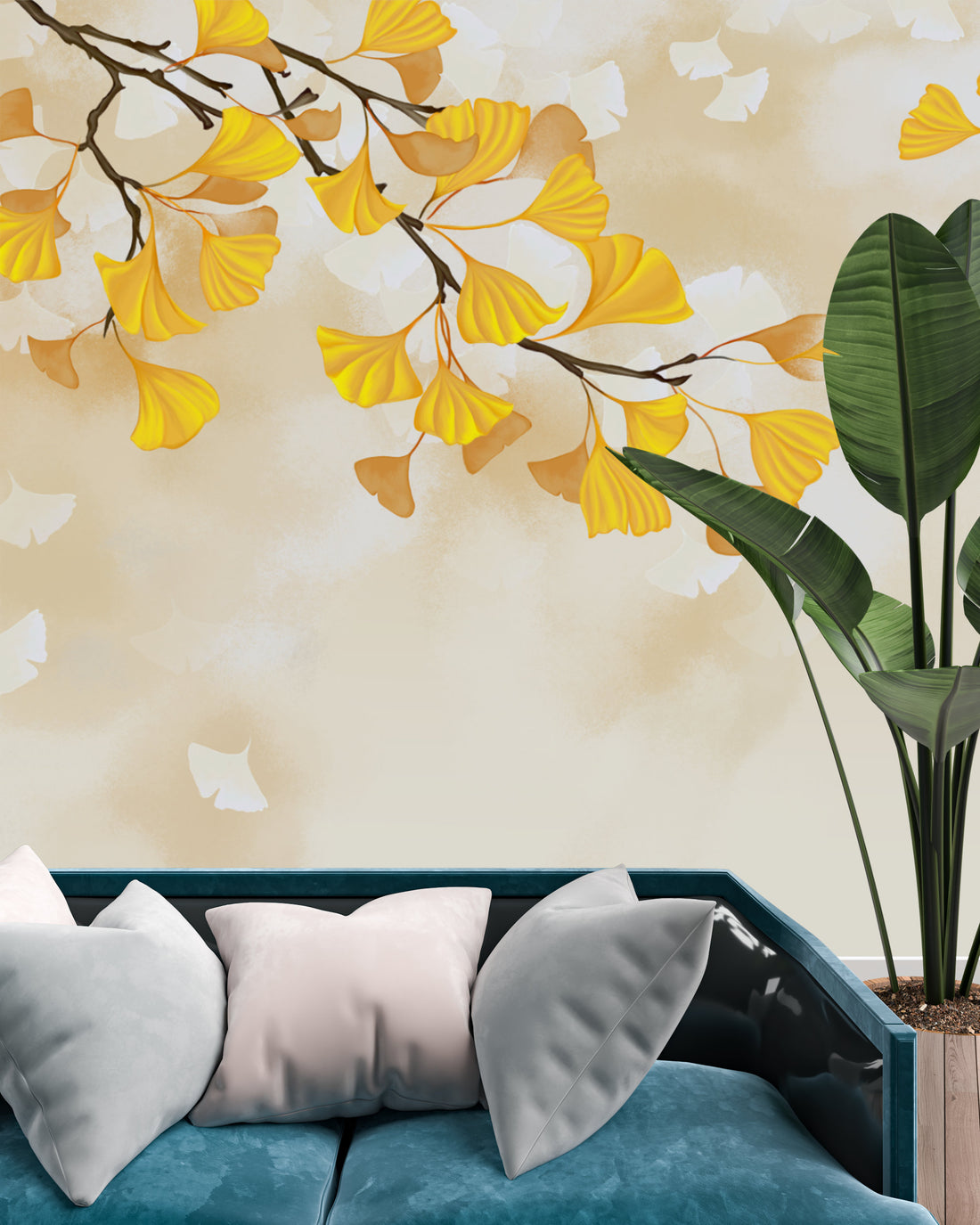Golden Ginkgo Leaf Peel and Stick Wallpaper, Autumn-Inspired Wall Decor, Botanical Wall Art, Living Room Design Ideas, Modern Farmhouse Decor