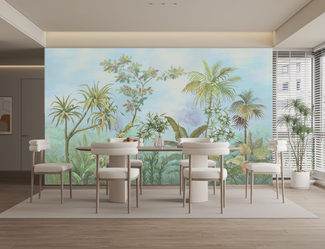 Tropical Rainforest Peel and Stick Wallpaper, Lush Green Botanical Wall Decor, Pastel Sky Jungle Wall Mural, Living Room Decor Ideas, Bedroom Wall Art, Self Adhesive Removable Wallpaper