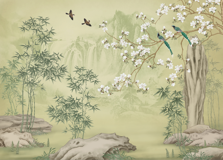 Green Theme Wall Decor, Vintage Chinoiserie Wallpaper, Oriental Decor, Bird Mural, Vintage Art, Home Decoration, Living Room Mural