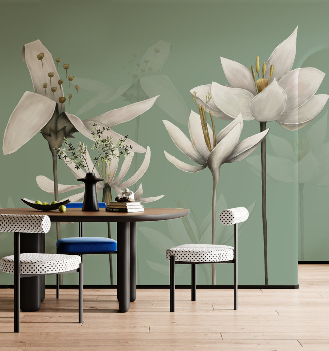 Floral Peel and Stick Wallpaper, White Lily Wall Decor, Botanical Wallpaper for Living Room, Self Adhesive Wallpaper, Green Floral Wallpaper, Nature Inspired Wall Art