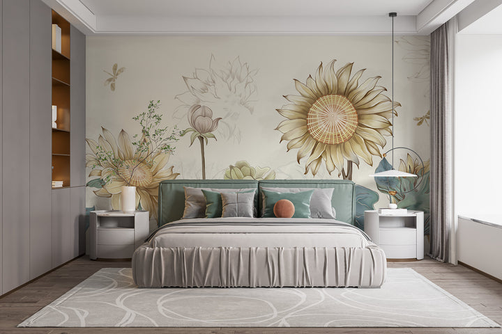 Floral Peel and Stick Wallpaper, Sunflower Wall Decor, Botanical Wall Art for Living Room, Modern Farmhouse Decor, Self Adhesive Wallpaper, Blue and Yellow Floral Design