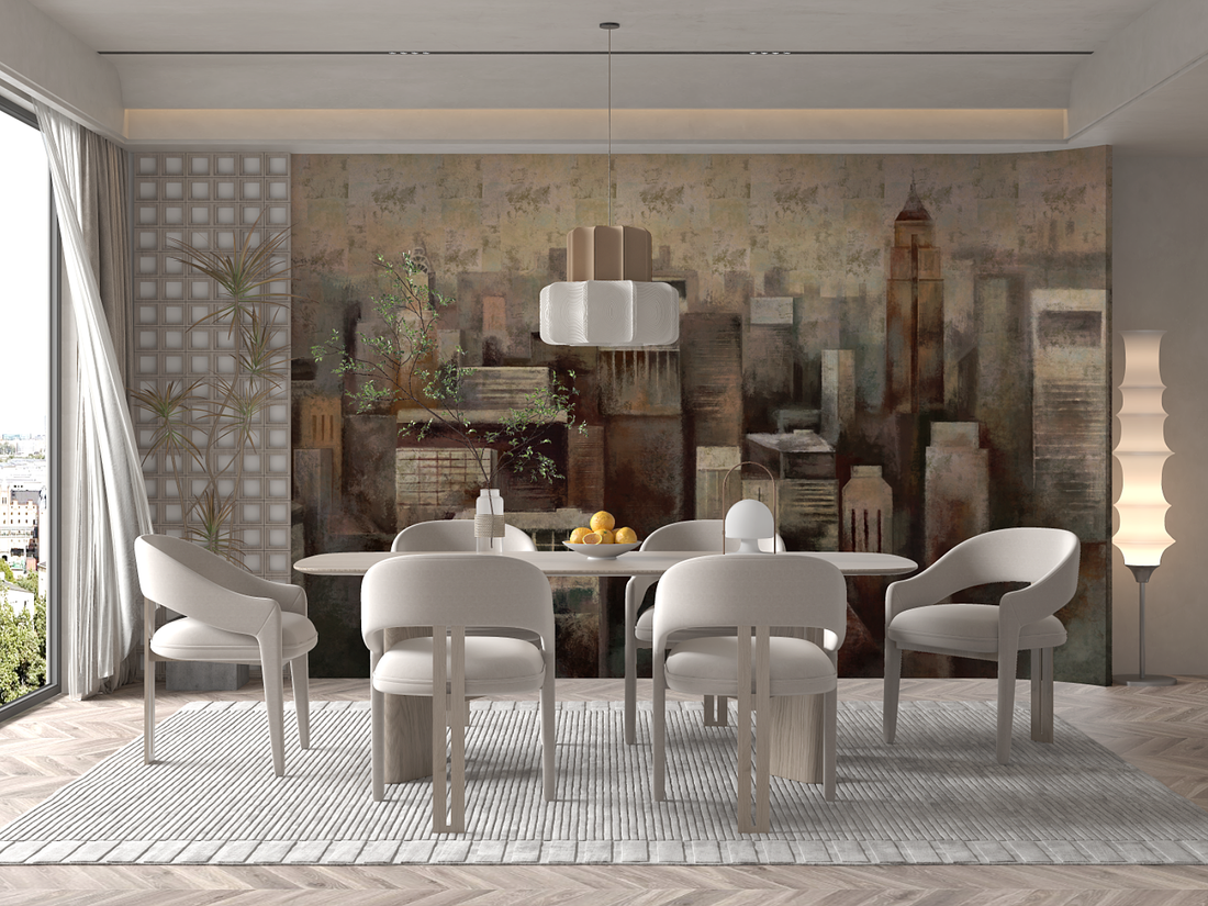 Abstract Cityscape Removable Wall Mural, Peel And Stick Wallpaper, Abstract Mural, Bedroom Wall Decor, Living Room Decor, Retro Wallpaper