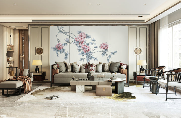 Pink Peony Floral Wallpaper, Elegant Botanical Wall Decor, Grey and Pink Peel and Stick Wallpaper, Living Room Wallpaper Ideas, Bedroom Wall Decor, Modern Farmhouse Decor, Self Adhesive Wallpaper
