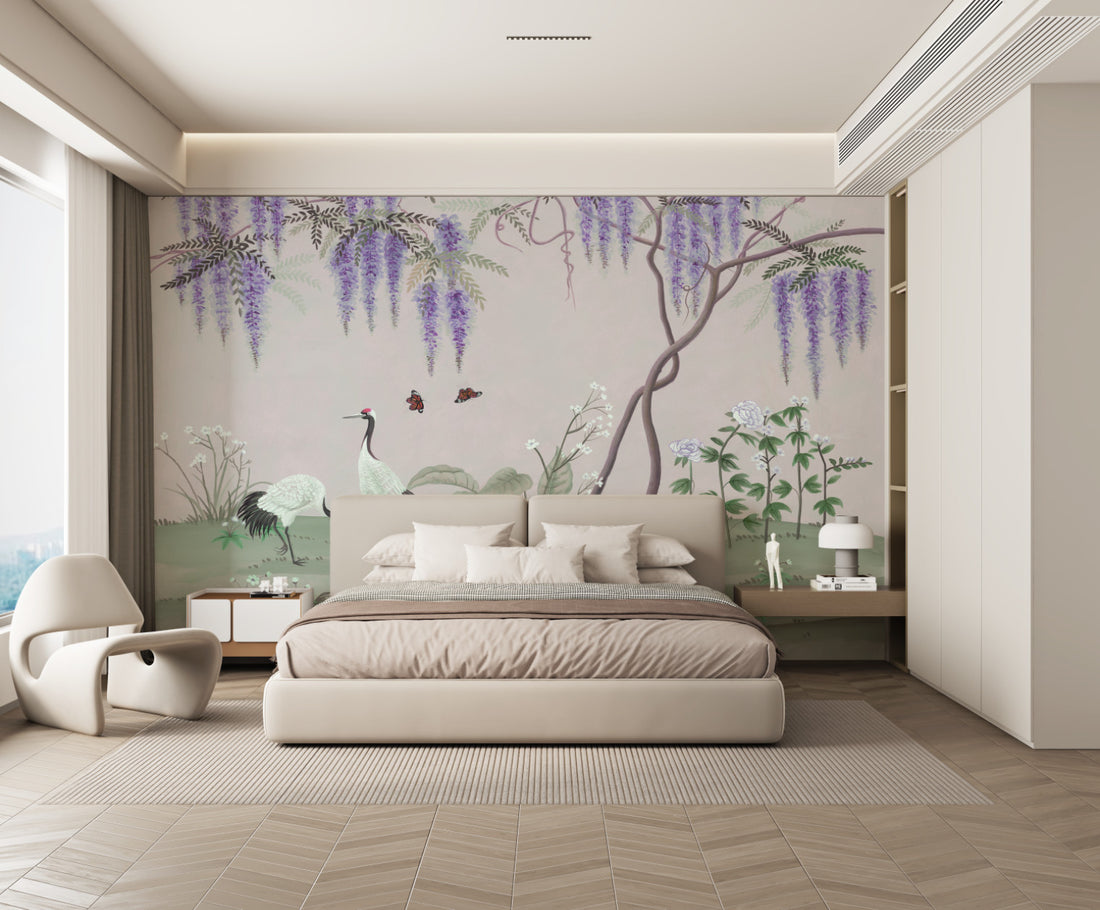 Chinese Ink Painting Wall Art, Elegant Crane and Wisteria Floral Canvas Print, Traditional Asian Home Decor, Serene Nature Landscape Artwork, Butterfly and Flower Wall Decor