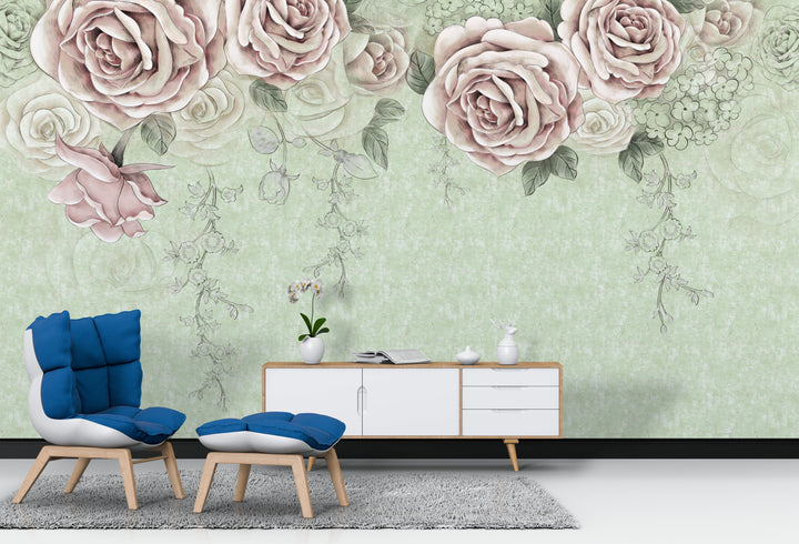 Floral Peel and Stick Wallpaper, Pink and Grey Roses, Elegant Living Room Decor, Romantic Bedroom Wallpaper, Self Adhesive Wallpaper, Modern Farmhouse Decor