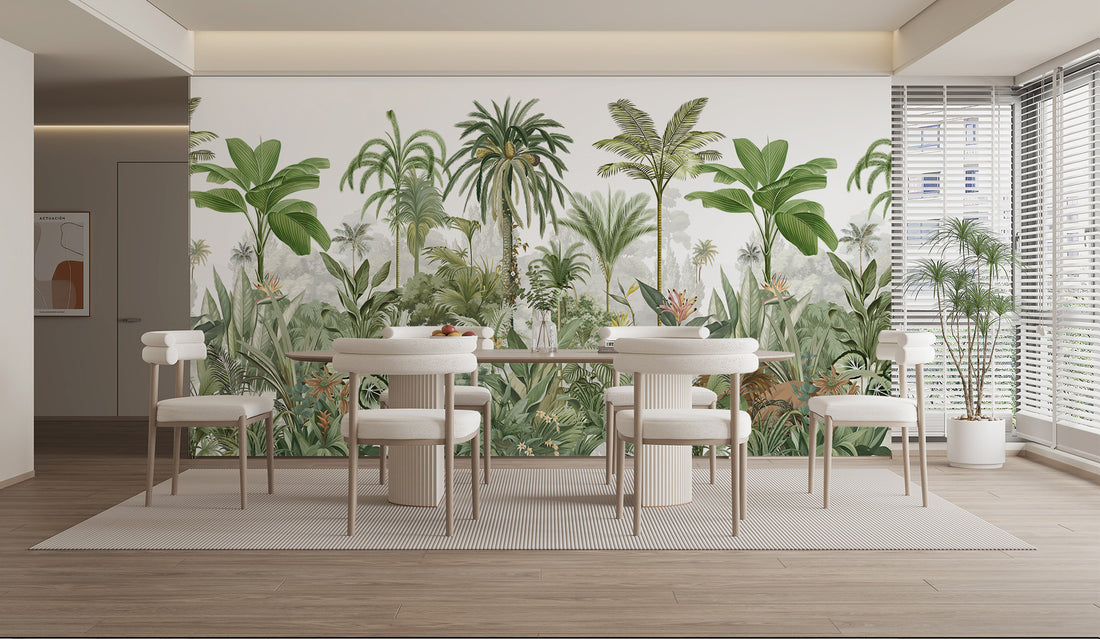 Tropical Jungle Peel And Stick Mural, Botanical Decor, Wild Forest Wallpaper, No-Woven Forest Wallpaper, Green Theme, Trees Wallpaper