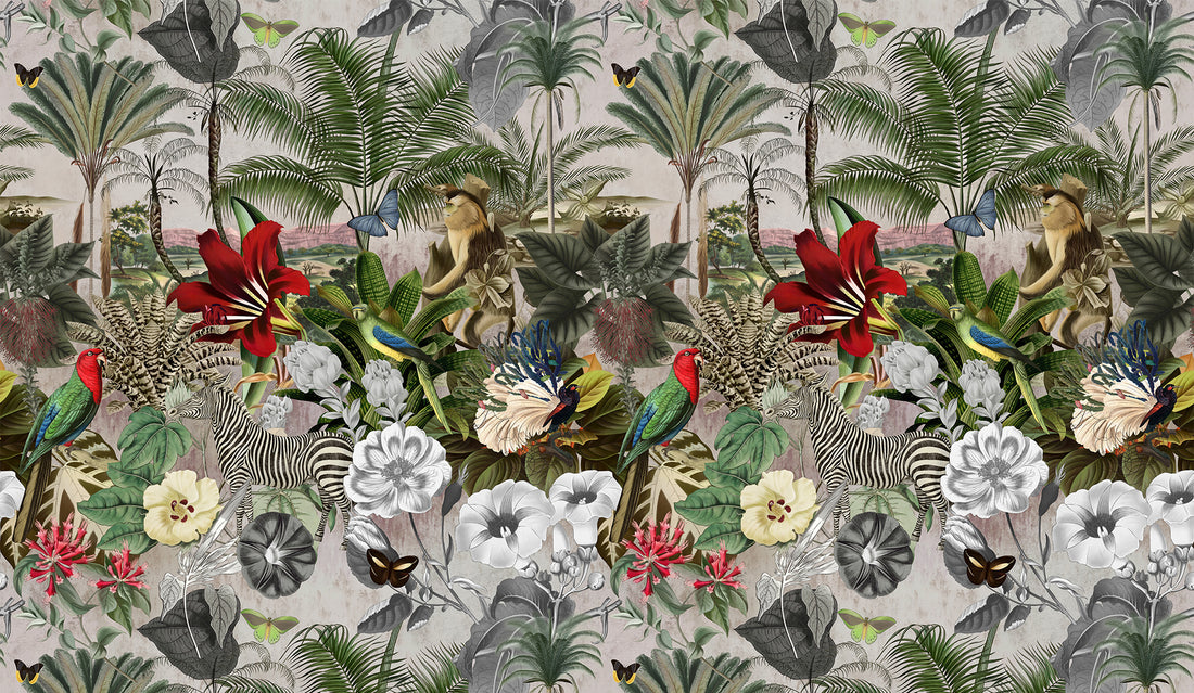 Floral Wall Art, Room Decoration, Animal Wallpaper, Jungle Theme Mural, Green Theme, Forest Wall Mural, Fabric Or Non-Waven, Tree Wallpaper