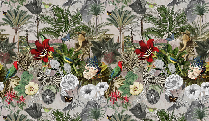 Floral Wall Art, Room Decoration, Animal Wallpaper, Jungle Theme Mural, Green Theme, Forest Wall Mural, Fabric Or Non-Waven, Tree Wallpaper