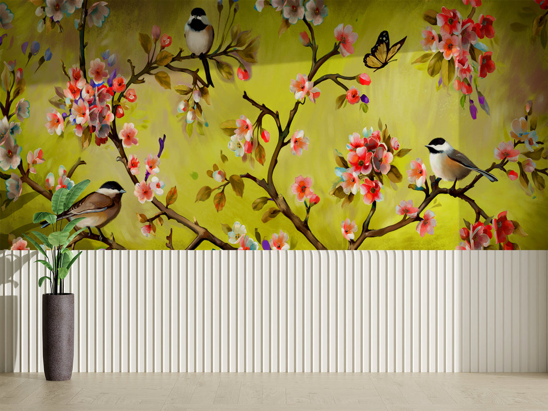 Nature Inspired Wallpaper, Beautiful Floral and Bird Wall Art, Blue Background Peel and Stick Wallpaper, Modern Living Room Decor Ideas, Large Canvas Wall Art, Self Adhesive Wallpaper for Bedroom