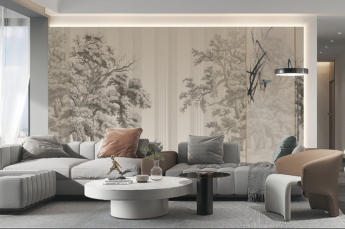 Black and White Theme Mural, Sketch Wallpaper, Franch Style Wallpaper, Tree Wall Mural, Luxury Mural,  Living Room Decor, Dark Wall Decal