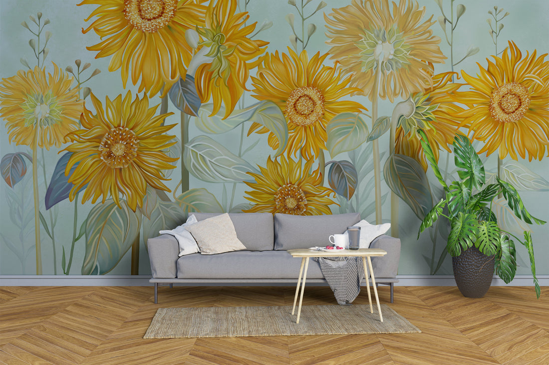 Sunflower Peel and Stick Wallpaper, Bright Yellow Floral Wall Decor, Living Room Wall Art, Modern Farmhouse Decor, Self Adhesive Wallpaper, Affordable Home Decor
