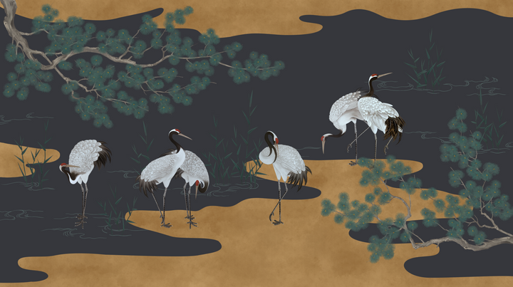 Blue Wall Decor, Dark Wall Mural, Vintage Chinoiserie, Peel And Stick, Oriental Decor, Bird Mural, Home Decoration, Living Room Mural