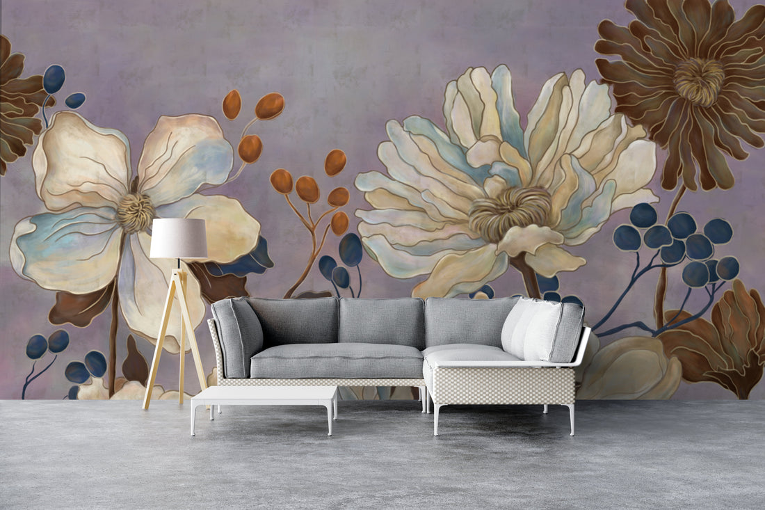 Floral Peel and Stick Wallpaper, Botanical Wall Art for Living Room, Blue and Gold Wallpaper, Large Canvas Wall Art, Modern Farmhouse Decor, Affordable Home Decor
