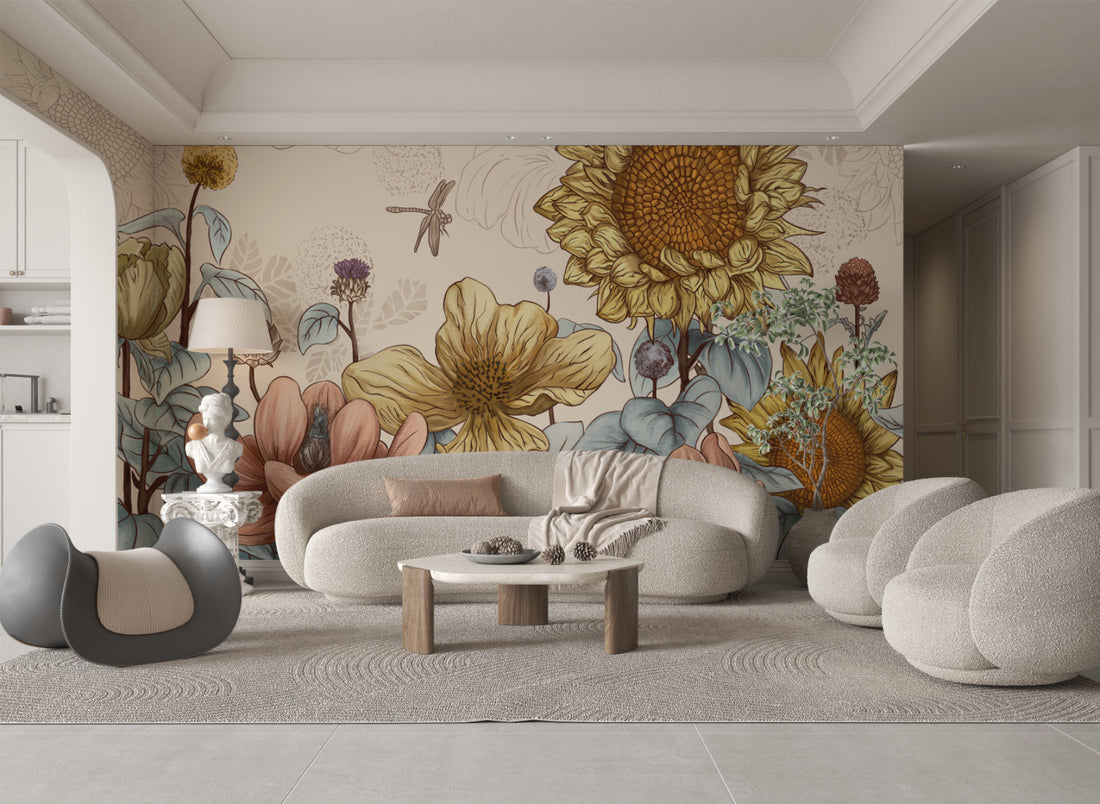 Floral Peel and Stick Wallpaper, Romantic Sunflower & Lotus Wall Decor, Warm Yellow & Pink Botanical Wallpaper, Self Adhesive Wallpaper for Living Room, Bedroom Design Ideas