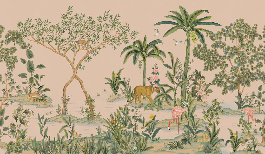 Tropical Jungle Wallpaper, Hand-Painted, Animal-Filled, Forest Wallpaper, Bedroom Wallpaper, Wall Mural Safari, Peel And Stick Wallpaper