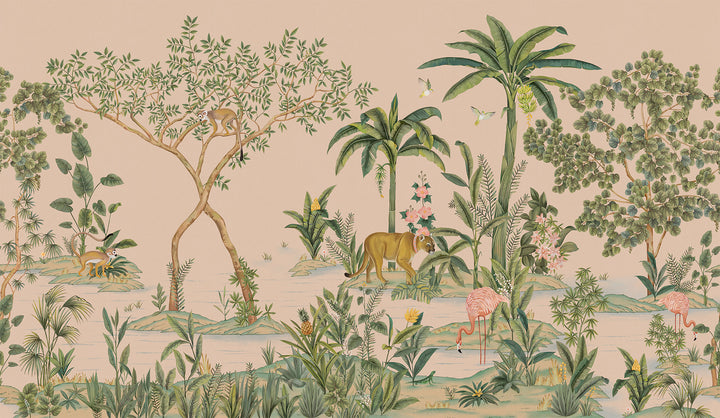 Tropical Jungle Wallpaper, Hand-Painted, Animal-Filled, Forest Wallpaper, Bedroom Wallpaper, Wall Mural Safari, Peel And Stick Wallpaper