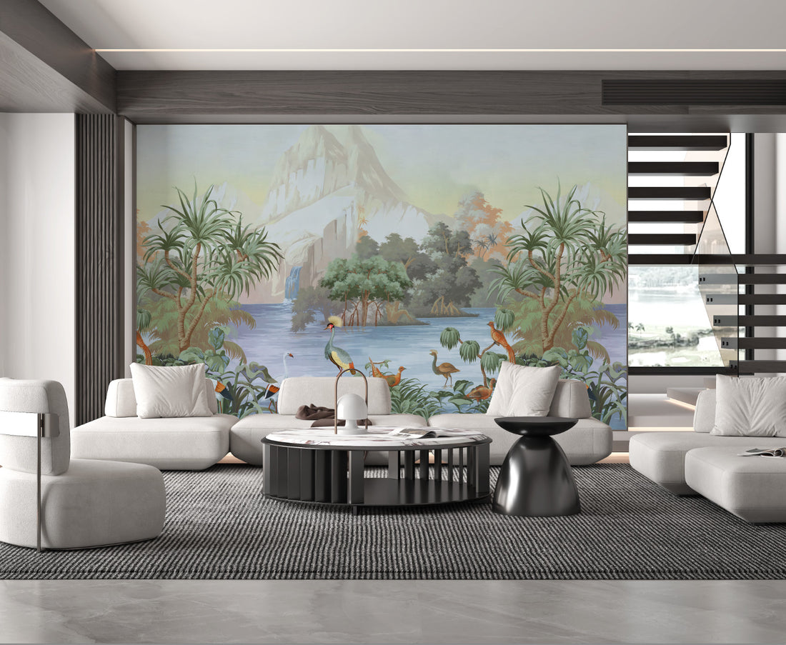 Tropical Landscape Wallpaper, Serene Mountain Scene, Lush Palm Trees, Calm Water Reflection, Vibrant Birdlife, Nature-Inspired Decor, Peel and Stick Wallpaper, Living Room Wall Decor Ideas, Modern Interior Design