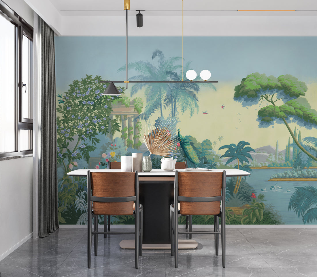 Lush Garden Peel and Stick Wallpaper, Tropical Botanical Wall Decor, Serene Floral Peel and Stick Wallpaper, Living Room Decor Ideas, Modern Farmhouse Decor