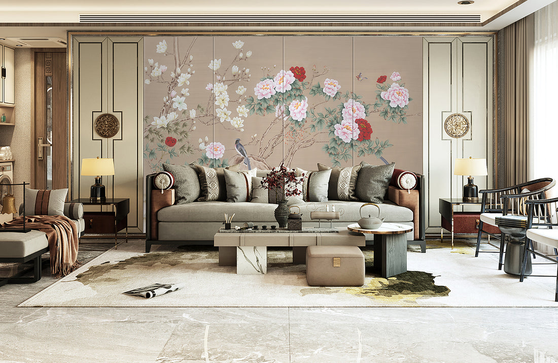 Chinese Traditional Floral Wallpaper, Peony and Magnolia Peel and Stick Wallpaper, Elegant Bird Wall Art, Self Adhesive Wallpaper for Living Room, Asian Inspired Wall Decor
