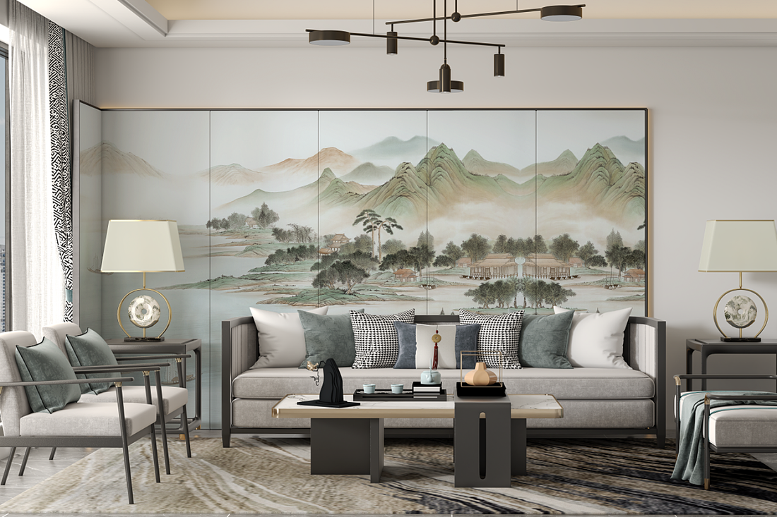 Retro Wallpaper, Vintage Chinoiserie Mural, Mountain Wall Mural, Peel And Stick, Landscape Mural, Wall Art, Pastel Mural, Luxury Wall Mural