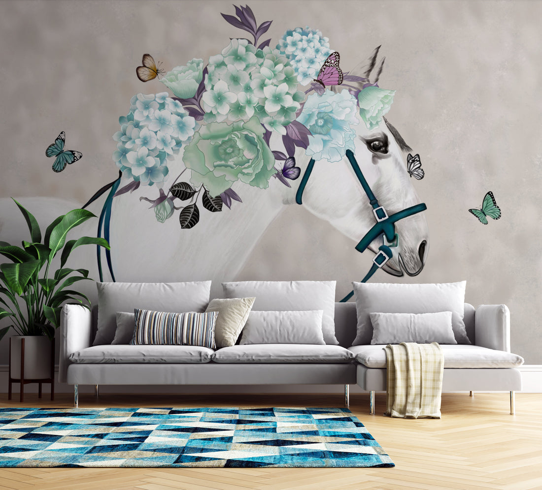 Serene Horse Floral Wallpaper, Peel and Stick Wallpaper for Living Room, Modern Wall Art for Living Room, Large Canvas Wall Art, Black and White Wall Art, Living Room Decor Ideas