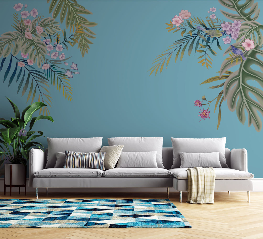 Floral Peel and Stick Wallpaper, Tropical Botanical Wall Decor, Blue and Green Leaf Design, Pink Flower Wall Art, Self Adhesive Wallpaper, Nature Inspired Living Room Decor