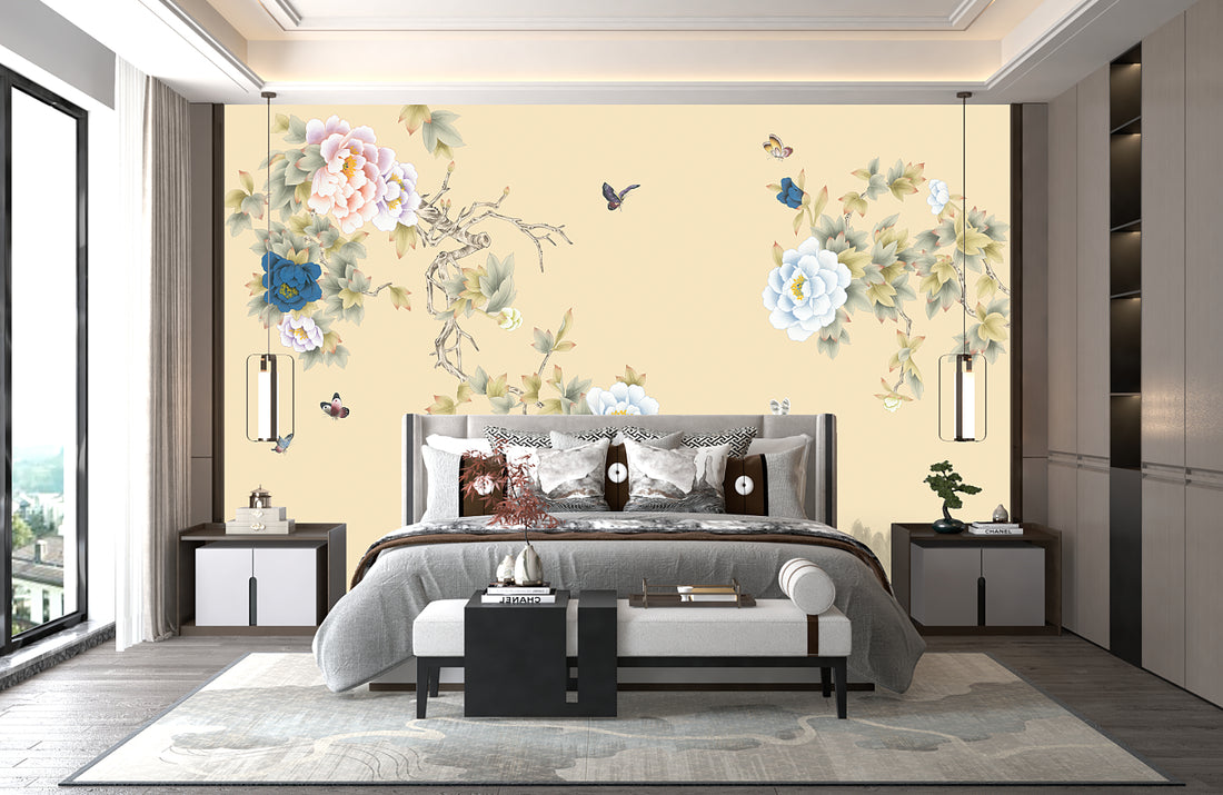 Chinese Floral Wallpaper, Traditional Peony Wall Art, Butterfly Wall Decor, Elegant Scroll Painting Design, Pastel Home Decor, Asian Inspired Wallpaper, Serene Mountain Background, Intricate Floral Patterns