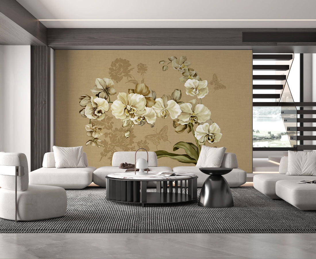 Traditional Floral Wallpaper, Elegant Orchid Design with Butterflies, Peel and Stick Wallpaper, Living Room Decor Ideas, Bedroom Wall Art, Self Adhesive Wallpaper, Modern Farmhouse Decor
