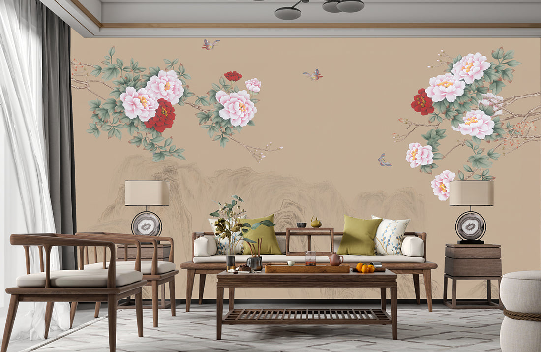 Traditional Chinese Floral Wallpaper, Peony and Bird Wall Art, Pastoral Landscape Wall Decor, Elegant Home Interior Design, Asian Inspired Wall Mural