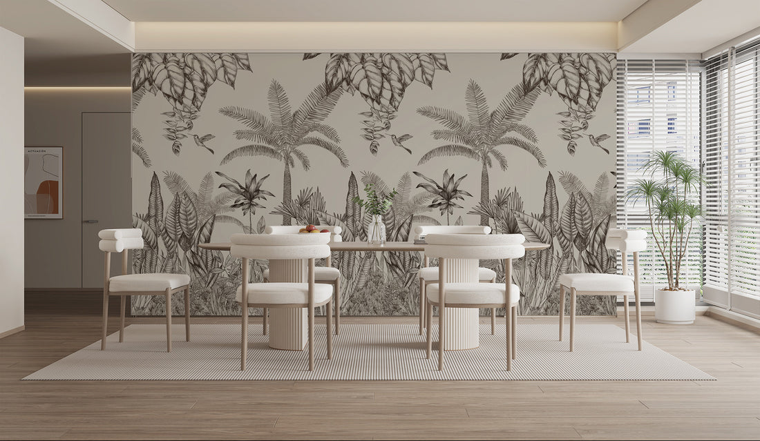 Black And White Wallpaper, Tropical Jungle Peel And Stick Mural, Botanical Decor, Wild Forest Wallpaper, Blue Wall Decor, Trees Wallpaper