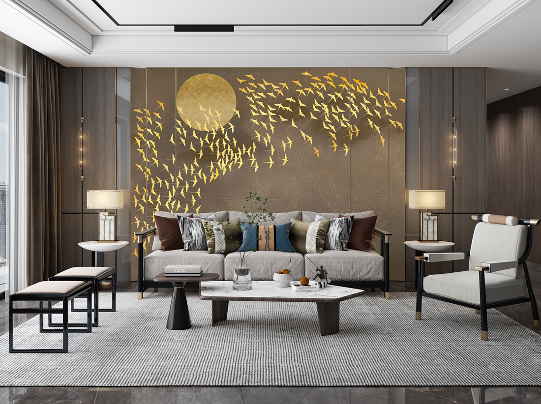 Chinoiserie Removable Wall Mural, Oriental Golden Birds & Moon Removable Wall Mural, Dark Wall Mural, Abstract Mural, Living Room Mural