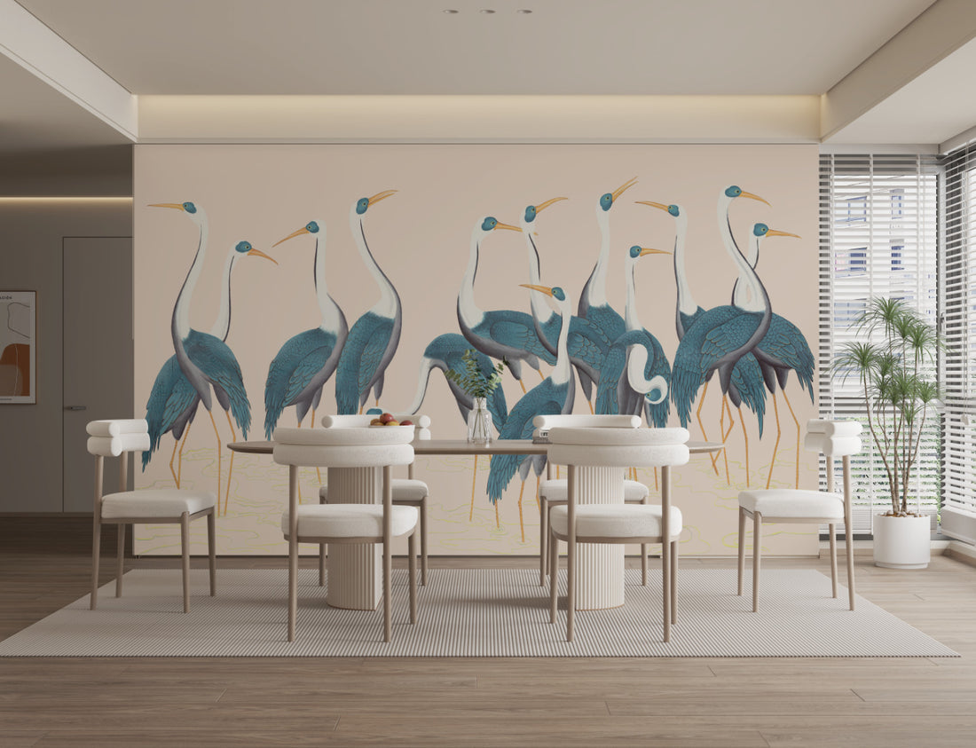 Blue and White Crane Wallpaper, Elegant Peel and Stick Wallpaper, Nature-Inspired Wall Decor, Living Room Wall Art, Modern Farmhouse Decor