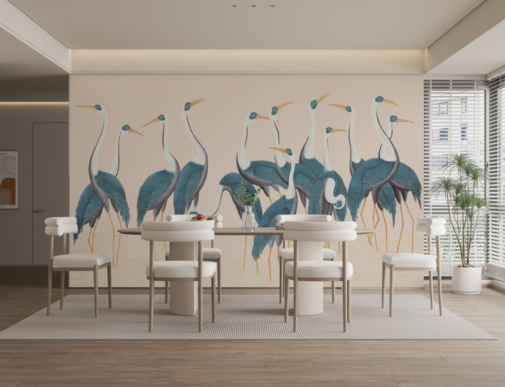 Blue and White Crane Wallpaper, Elegant Peel and Stick Wallpaper, Nature-Inspired Wall Decor, Living Room Wall Art, Modern Farmhouse Decor