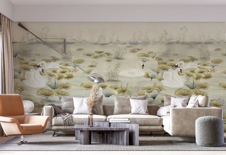 Traditional Lake Scene Wallpaper, Serene Swan & Lotus Design, Chinese Inspired Wall Art, Calming Neutral Tones, Peel and Stick Wallpaper, Living Room Decor Ideas, Bedroom Wall Decor