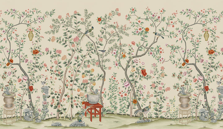 Vintage Chinoiserie Floral Bird Removable Wall Mural , Oriental Decor, Peel And Stick, Scenic Decor, Floral Jungle Mural, Peonies Mural