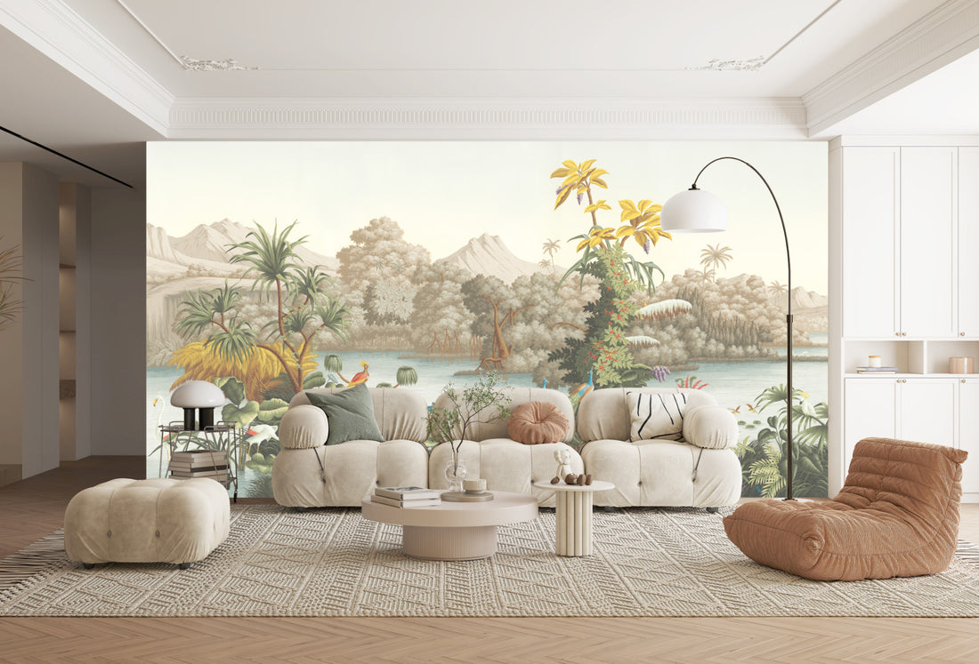 Tropical Paradise Wallpaper, Peel and Stick Wallpaper, Nature-Inspired Wall Decor, Living Room Wallpaper, Bird and Palm Tree Design, Self Adhesive Wallpaper